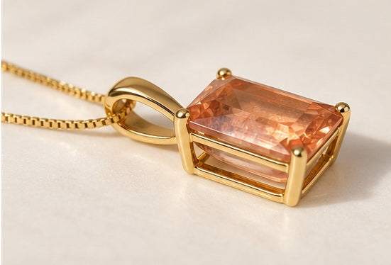 Emerald Cut Peach Oregon Sunstone Pendant 5.25ct | 10K Gold