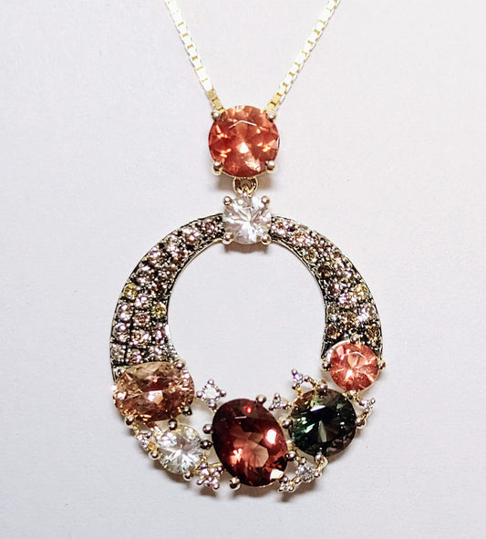 One of a Kind Solid Gold Kaleidoscope Necklace with multi colored Oregon Sunstones