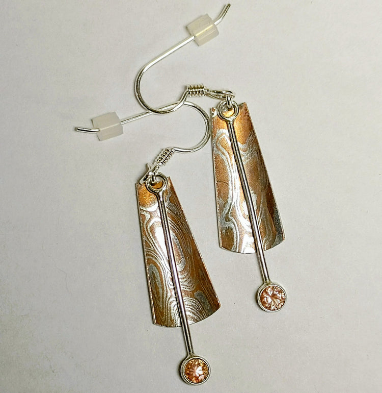Copper, Silver Mokume-Gane Sway Earrings with Oregon Sunstone