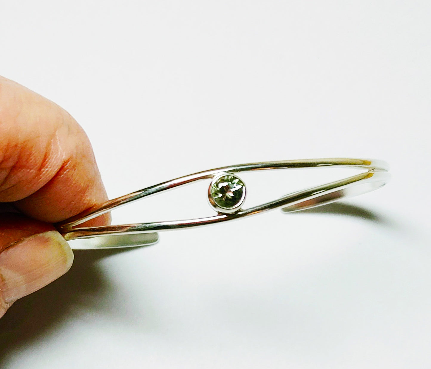 Silver Split Cuff Bracelet with Green Sunstone