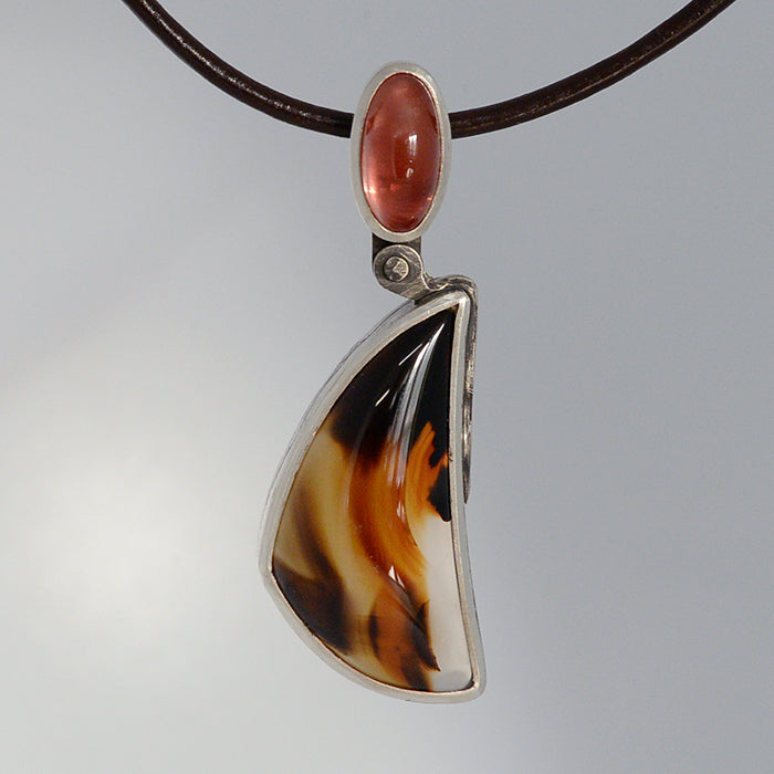 Montana Agate, Sunstone Silver Pendant on leather cord