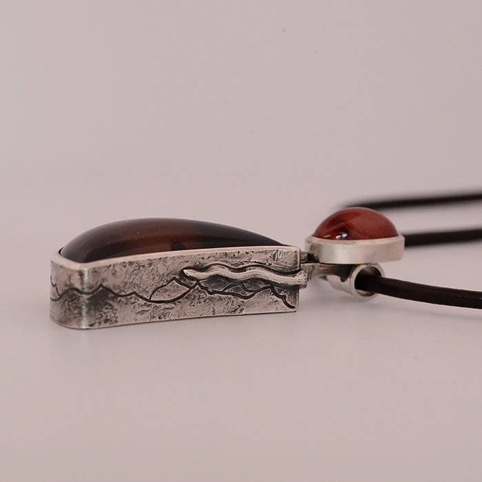 Montana Agate, Sunstone Silver Pendant on leather cord