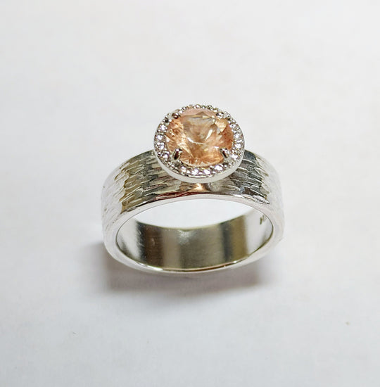Silver Ashera Juniper Goddess Ring with Peach Schiller Sunstone in diamond halo