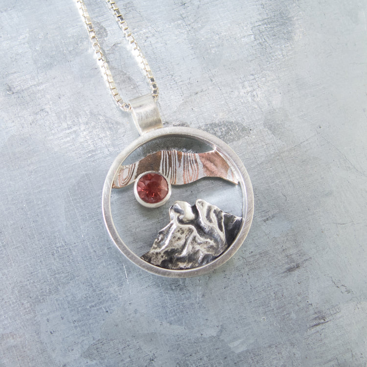 Mixed Metal Oregon Mountain Pendant with Oregon Sunstone-Medium Size