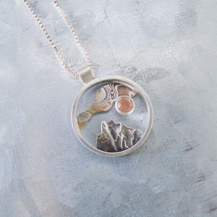 Mixed Metal Oregon Mountain Pendant with Oregon Sunstone-Medium Size