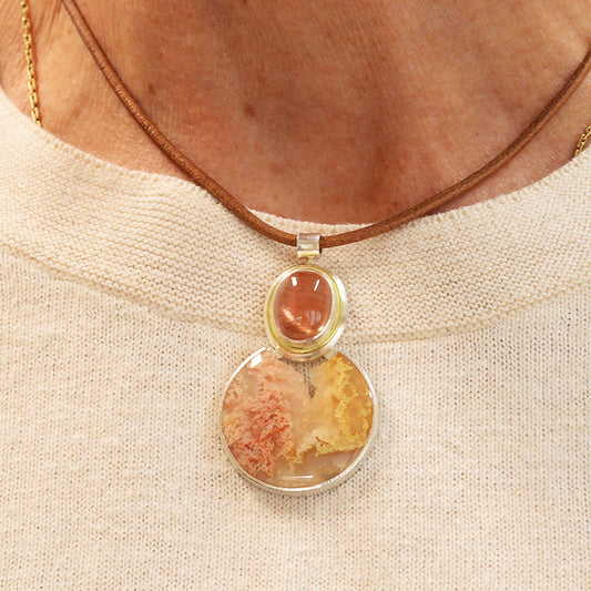 Pink Lady Plume Agate Pendant with Large Oregon Sunstone Cabochon