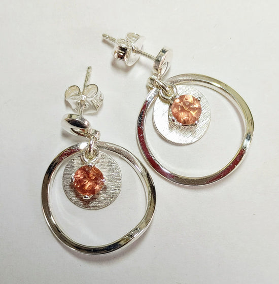 Sunstar Earring-Sterling Silver, Peach Sunstone.