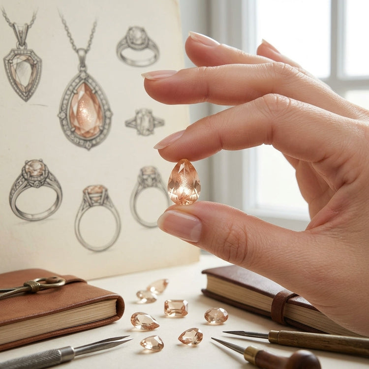 Stylish hand holding Oregon Sunstone gem with warm lighting, vintage jewelry sketch backdrop, emphasizing micro-detail, true color, and internal glow.