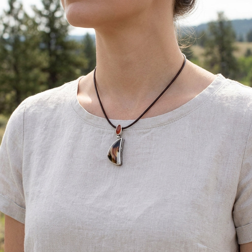 One of a Kind-Montana Agate, Sunstone Silver Pendant on leat