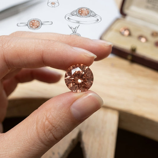 Close-up of a delicate ring featuring a 10mm Oregon Sunstone with medium peach hue, held in a well-manicured hand against a blurred jewelry display background.