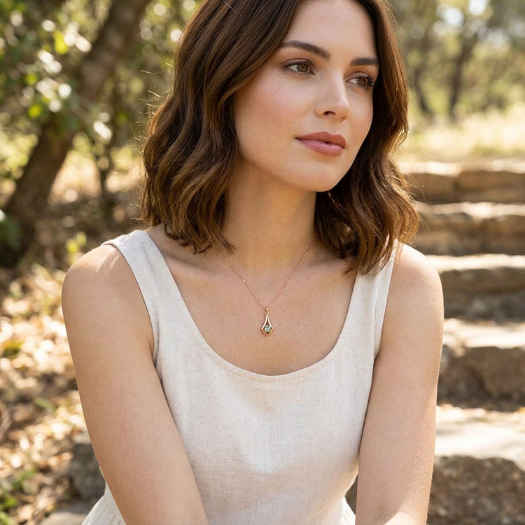 Close-up of the gold 'Romance' necklace featuring a 5mm green Oregon Sunstone pendant on textured linen background, highlighting fine details and colors.