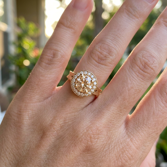 Close-up of a manicured hand wearing a delicate sunstone halo ring with lab-grown diamonds, set against a soft, natural background.