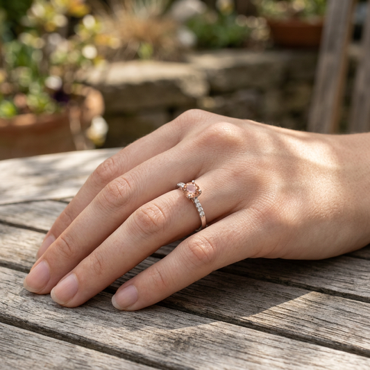 Close-up of a delicate hand wearing the Hearts Afire engagement ring with Oregon Sunstone and lab diamonds in a sunlit outdoor setting.