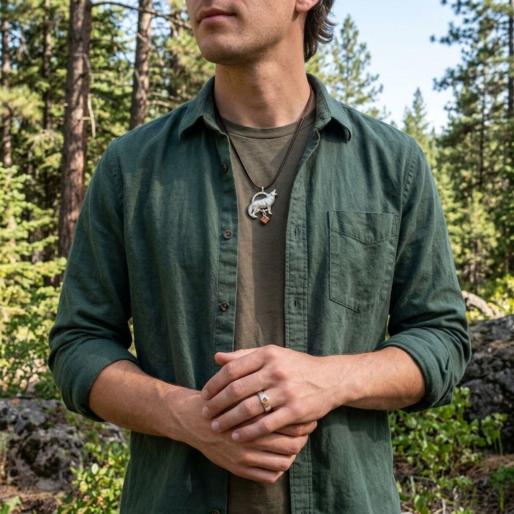 Male model outdoors wearing the Howling Wolf Pendant at the center of his neck, in a lush natural setting with trees and clear sky, showcasing the pendant's presence.