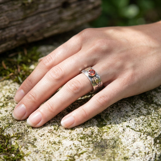 Full-body shot of a hand wearing the Oregon Sunstone botanical ring on a natural textured surface, emphasizing organic design and earthy tones.