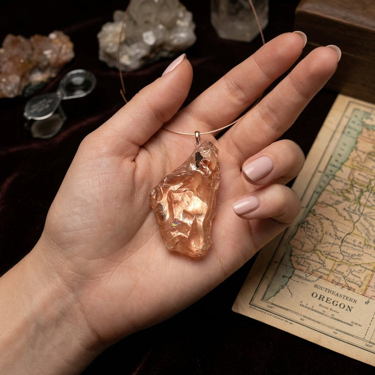 Elegant hand with soft skin wearing a thin ring featuring a vibrant orange Oregon Sunstone, set against a blurred luxurious background.