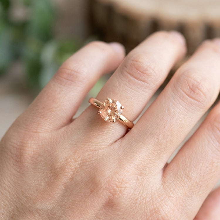 High-resolution macro of a delicate rose gold ring with vibrant Oregon Sunstone against a smooth natural hand, minimalistic background.