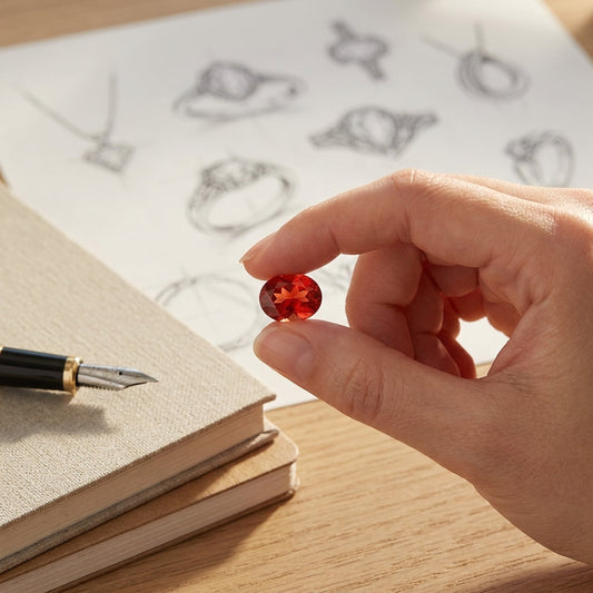 Small oval Oregon Sunstone displayed on a sleek surface, supported gently by a hand, with soft lighting highlighting its vibrant color and internal shimmer.