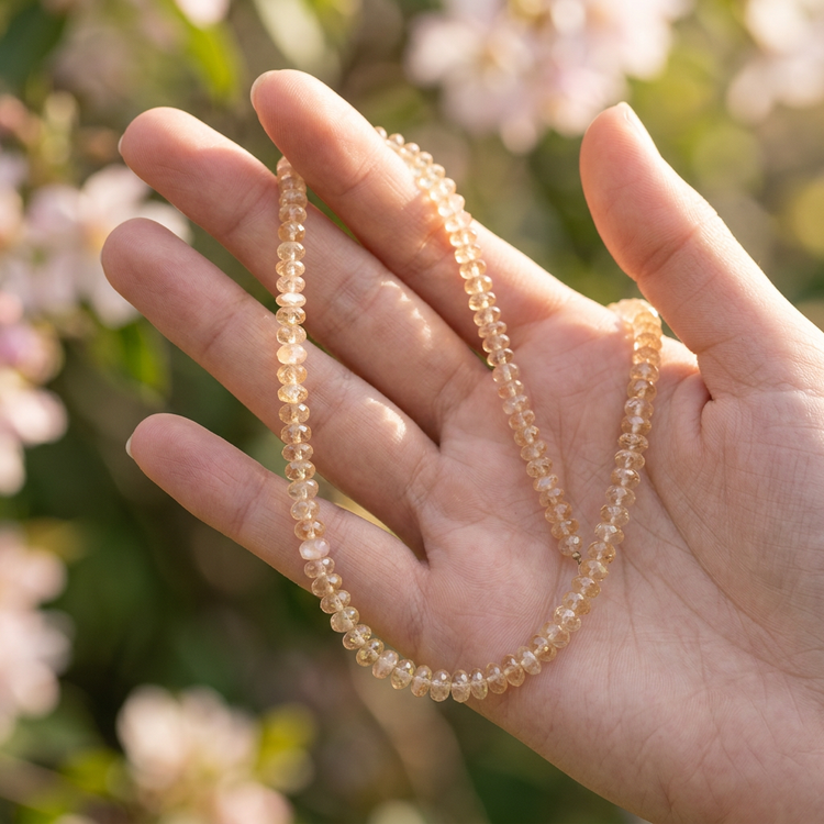 Model's hand holding Oregon Sunstone beads, with tiny faceted surface and warm natural sunlight in a park setting, emphasizing sparkle and micro-texture.