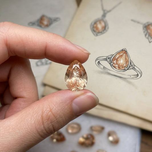 Close-up of Oregon Sunstone gem with pear shape, peach champagne color, copper sparkles, held delicately in hand, showcasing micro-texture and schiller.