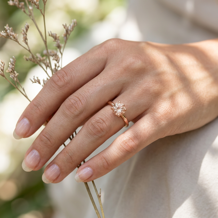 Hand with well-manicured nails showcasing solid gold four-prong sunstone engagement ring amid soft outdoor light.