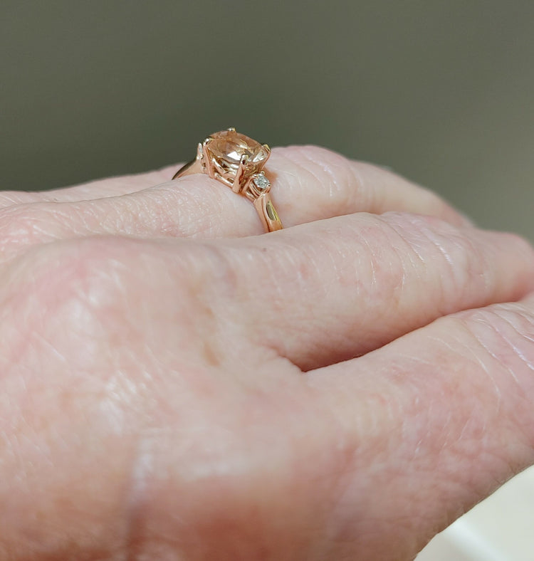 Solid Gold, Enchanted Three Stone Engagement Ring-Peach Oregon Sunstone with diamond accents.