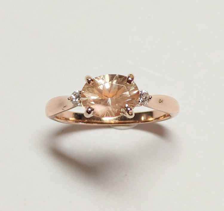 Solid Gold, Enchanted Three Stone Engagement Ring-Peach Oregon Sunstone with diamond accents.