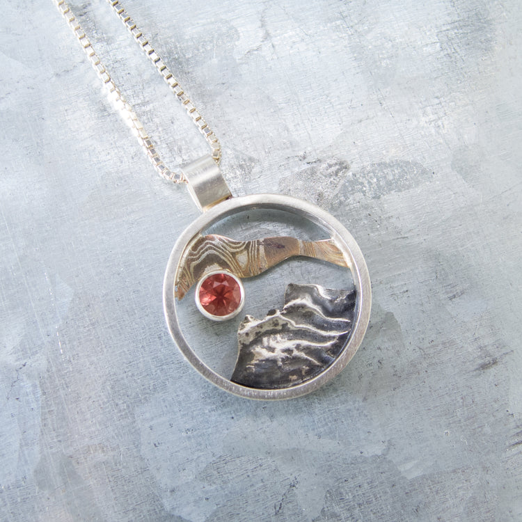 Mixed Metal Oregon Mountain Pendant with Oregon Sunstone-Medium Size