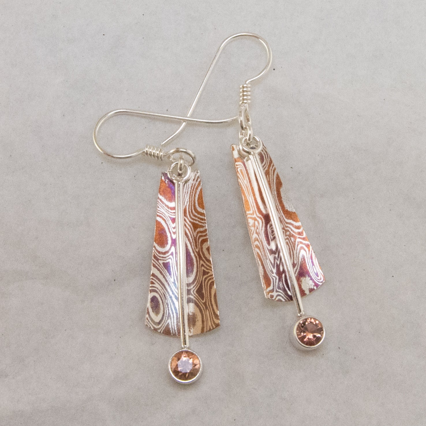 Copper, Silver Mokume-Gane Sway Earrings with Oregon Sunston