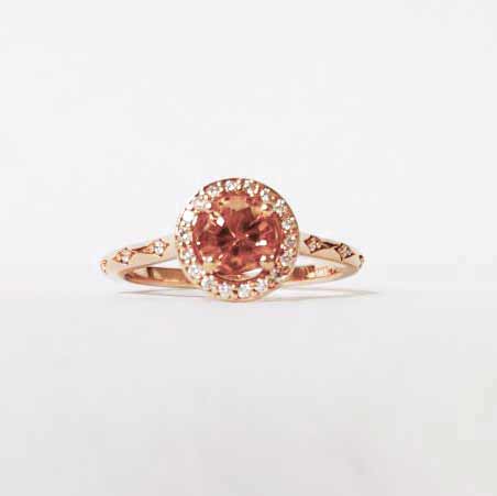 Solid Gold Peach Sunstone with Diamond Halo Engagement Ring