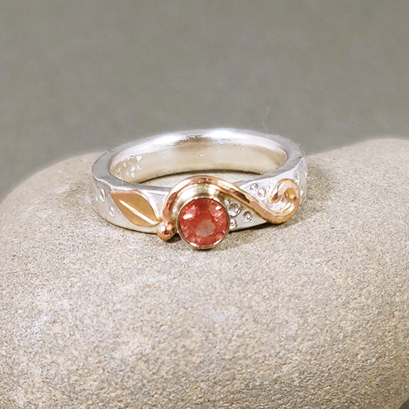 Silver, Rose Gold, Botanical Leaf Spiral Ring with Oregon Sunstone