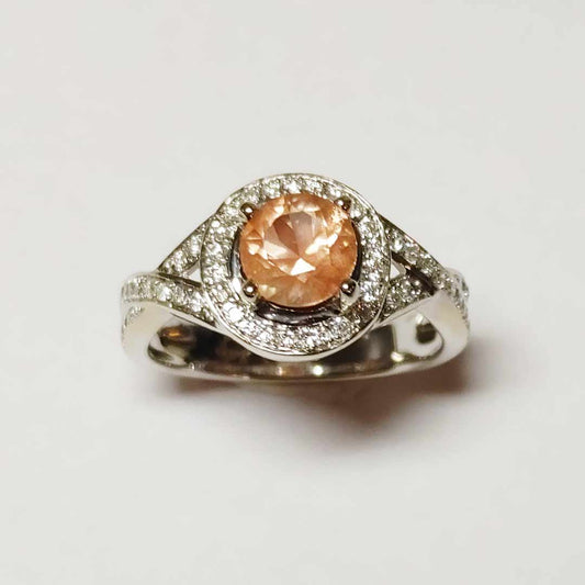 Very Special Wedding Set, White Gold, Oregon Sunstone in Vintage Style Diamond Halo