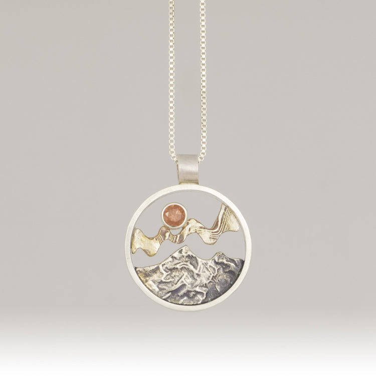 Mixed Metal Oregon Mountain Pendant with Oregon Sunstone-Medium Size
