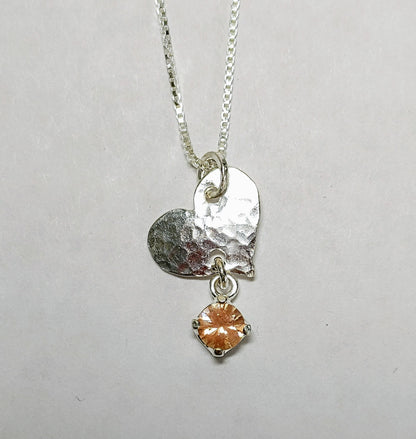 Silver Petite Heart Necklace Peach Oregon Sunstone