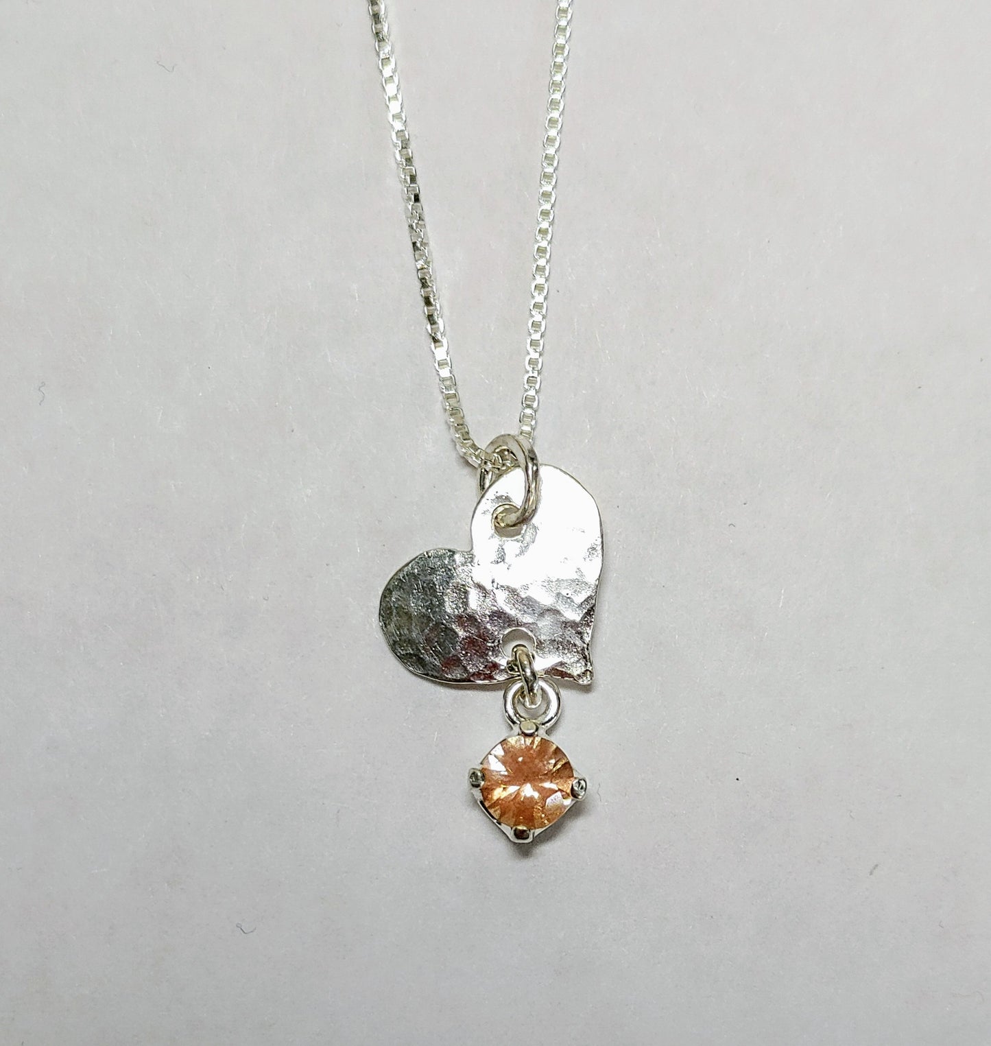 Silver Petite Heart Necklace Peach Oregon Sunstone