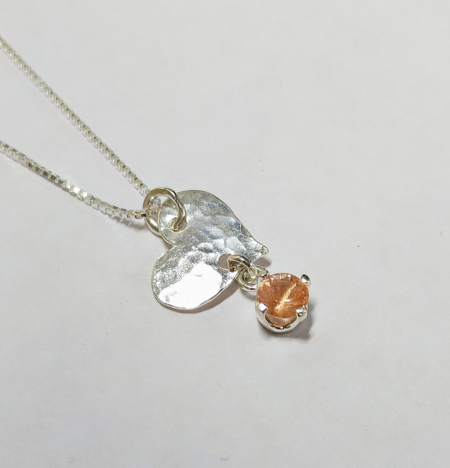 Silver Petite Heart Necklace Peach Oregon Sunstone