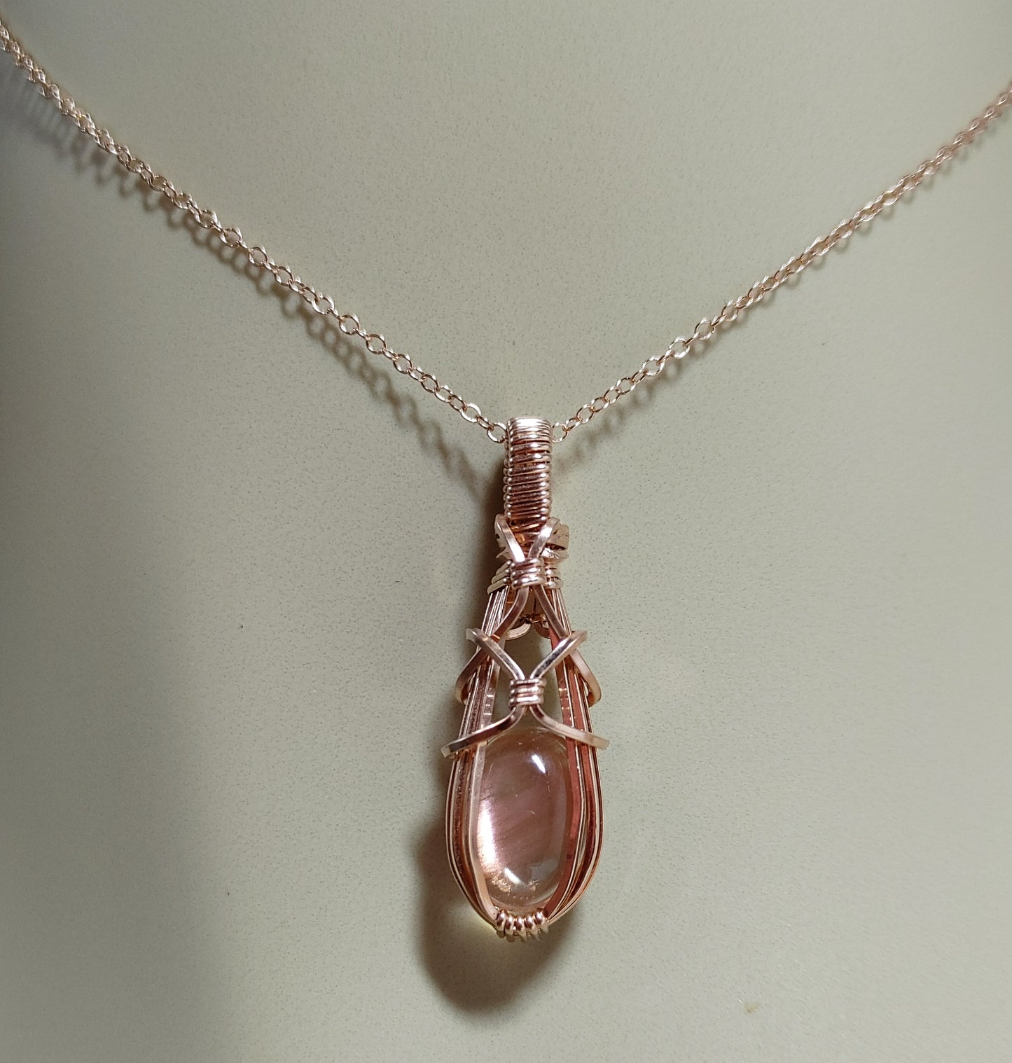 Sunstone-Rose Gold, Wire Wrap Pendant, Oval Peach Schiller Cabochon