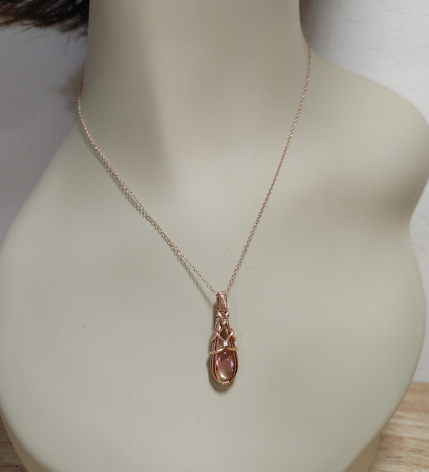 Sunstone-Rose Gold, Wire Wrap Pendant, Oval Peach Schiller Cabochon