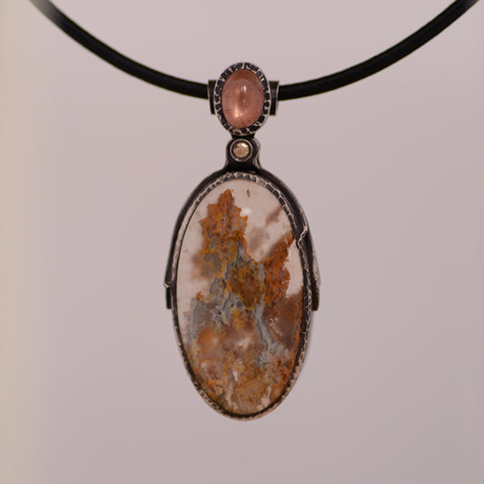 "Sunstone Nebula" Pendant-Plume Agate with Oregon Sunstone set in Sterling Silver.