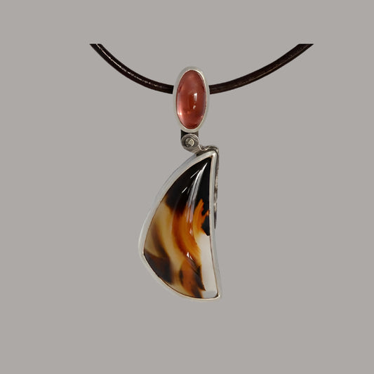 Montana Agate, Sunstone Silver Pendant on leather cord