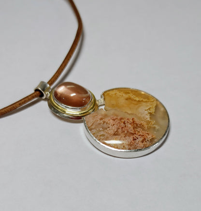 "Pink Lady" Plume Agate Pendant with Large Oregon Sunstone Cabochon