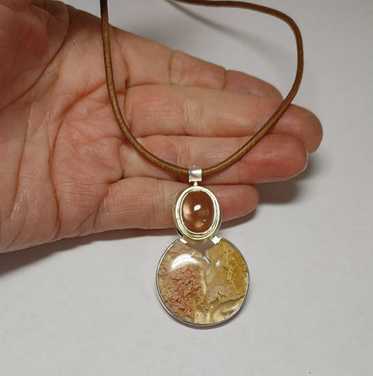 Plume Agate Pendant with Large Oregon Sunstone Cabochon