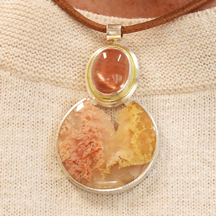 "Pink Lady" Plume Agate Pendant with Large Oregon Sunstone Cabochon