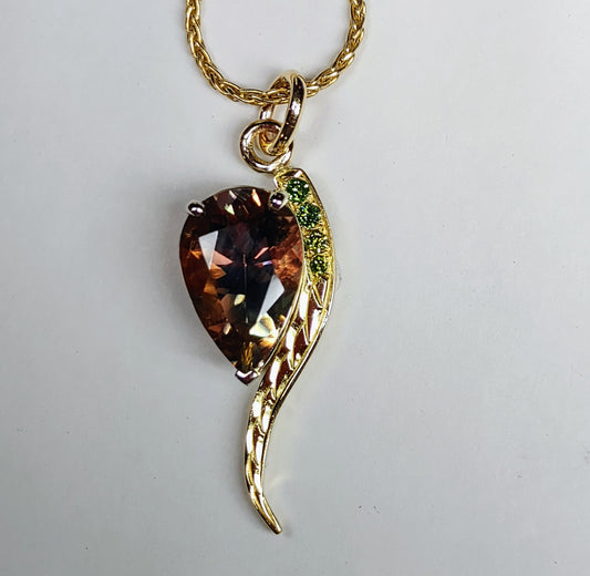 Oregon Sunstone "Plum Gorgeous" 18K Yellow Gold, Green Diamond Necklace