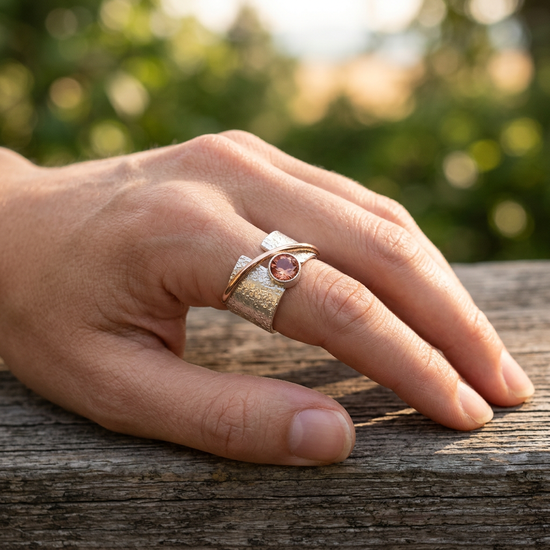 Side view of hand with Alya Star Sunstone Ring on rustic wood, emphasizing the wide band, rose gold detail, and sunstone hues.