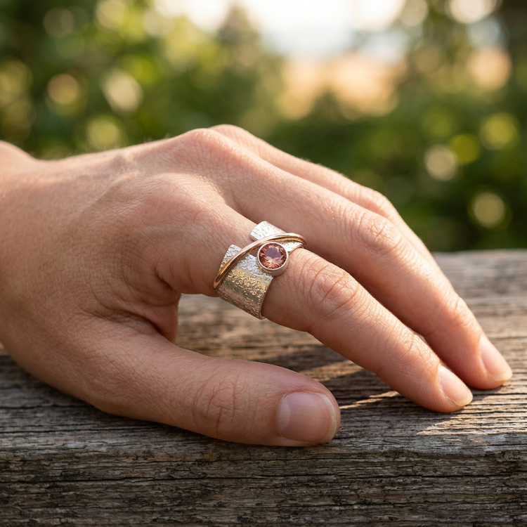 Side view of hand with Alya Star Sunstone Ring on rustic wood, emphasizing the wide band, rose gold detail, and sunstone hues.