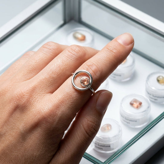 Still life of Orbit Ring with Oregon Sunstone on reflective surface, featuring natural colors and silver setting, captured in professional studio lighting.