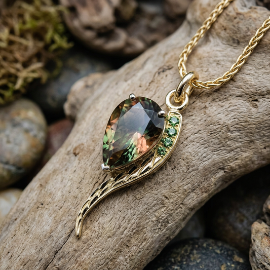 Stylized scene with macro lens focus on the textured pendant resting on a matte surface, highlighting engraving, green diamonds, and sunstone’s vibrant colors.