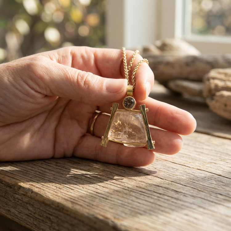 Close-up of a hand gently holding the Oregon Sunstone Zen Pendant on a natural outdoor surface.