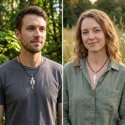 Full-body portrait of a male model outdoors wearing a casual outfit with a small sterling silver Montana Agate and Sunstone pendant.